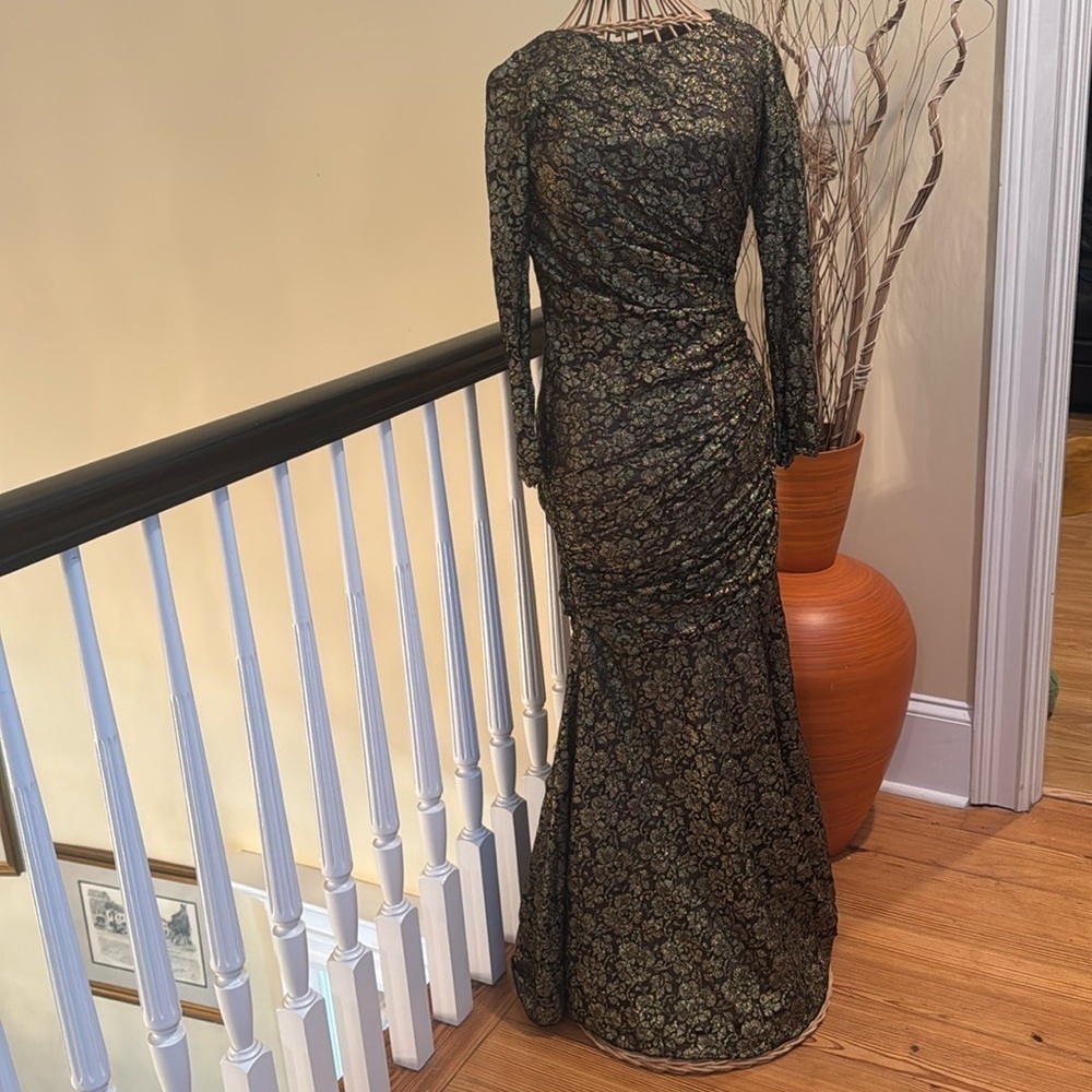 Carmen Marc Valvo black and gold evening dress